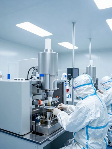 Wide-angle shot of a sterile pharmaceutical cleanroom with scientists in full protective suits operating state-of-the-art liquid filling machinery, clinical lighting, 35mm