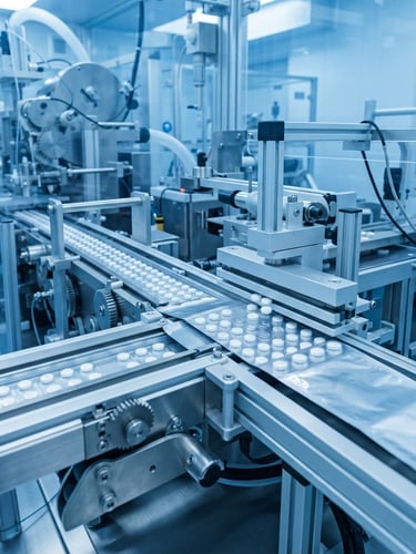Macro shot of automated blister packaging lines under sterile blue-tinted clinical lighting, sharp focus, 35mm