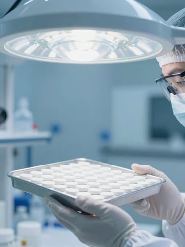 A close-up shot of a scientist in a cleanroom suit inspecting a tray of pristine white tablets under sterile blue-tinted laboratory light, sharp focus