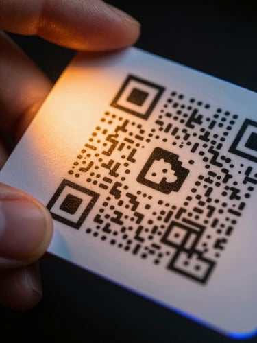 Extreme close-up macro shot of a QR business card held between two fingers, warm orange studio strobe raking sharply across the card surface revealing fine paper grain texture and print dot structure, QR code in razor-sharp focus, cool blue rim light catching the card edge, near-black background, no other elements