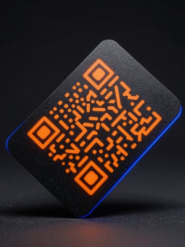 Close-up studio shot of a premium matte-black QR business card held at a slight angle against a deep shadow backdrop, bright orange geometric glow radiating from the QR code center, cool royal-blue rim light tracing the card edge, DSLR studio strobe lighting with controlled fill, 45-degree angle showcasing print texture and QR legibility
