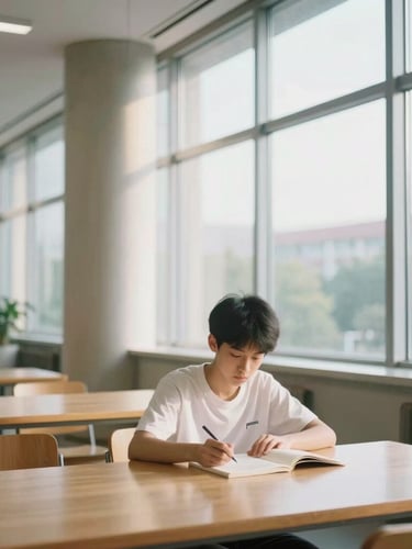 A high school student studying in a modern university library with large glass windows, soft morning daylight illuminating architectural concrete pillars, clean wooden desk, editorial photography, 35mm.