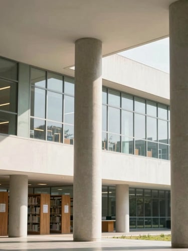 An architectural angle of a modern university library with concrete pillars and soft morning sun streaming through glass facades.