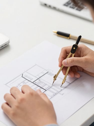 A close-up editorial photograph of a student's hands drawing a precise architectural diagram on a clean desk, soft gold compass tool, bright natural daylight, 35mm