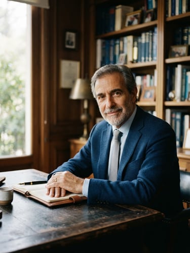 Editorial portrait of Dr. Jorge Solari in a warm clinical study, soft natural window light, books and wooden shelves in the background, shallow depth of field, 35mm