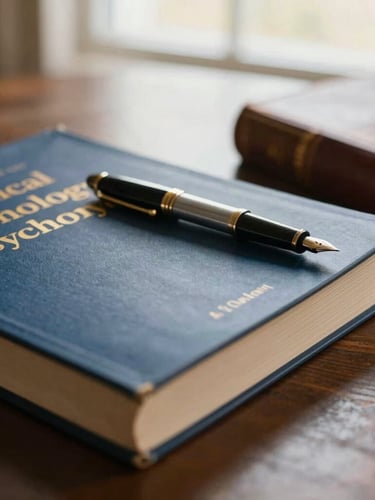 Close-up of clinical psychology journals, a vintage fountain pen, and leather-bound books on a dark wooden desk, soft warm window light, 35mm