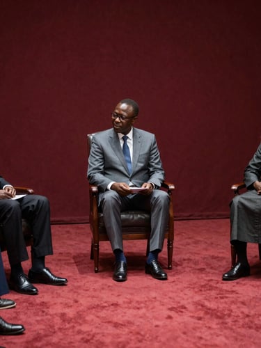 Sober editorial photography of a high-level diplomatic summit in West Africa, dramatic natural light, deep crimson and charcoal tones, 35mm