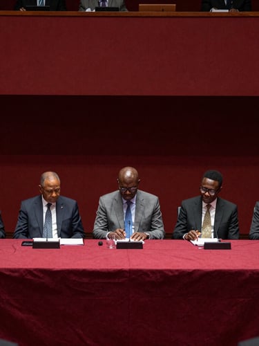 Sober editorial photography of a high-level diplomatic summit in West Africa, low-key indoor lighting, deep crimson and charcoal tones, dramatic documentary style, 35mm
