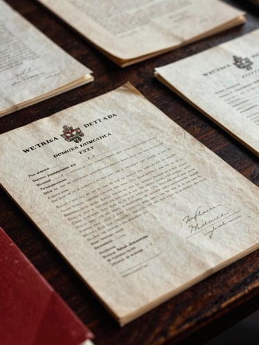 Close-up of historical West African diplomatic treaty documents on a dark wooden table, soft natural side light, dramatic high-contrast documentary style, 35mm