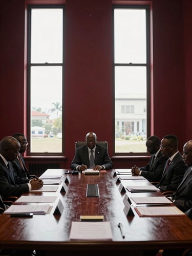 Sober editorial photography of a high-level West African diplomatic conference room, dramatic natural light from tall windows, large wooden table with documents, deep crimson and charcoal tones, 35mm