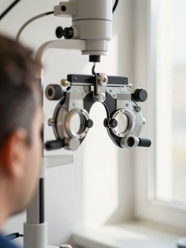 Close-up of a modern optical trial frame on a patient, soft natural light from a side window, warm clinical tones, shallow depth of field