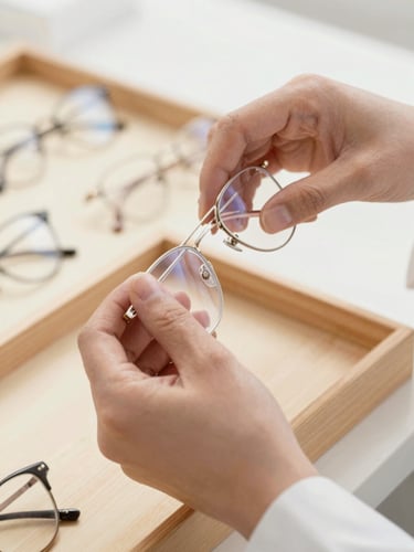 Close-up shot of hands carefully adjusting a pair of elegant, minimalist eyeglasses on a wooden display tray, soft natural side light, warm clinical tones, shallow depth of field.