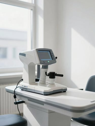 A bright modern optometry cabinet with clean clinical equipment, soft natural light streaming through a window, professional high contrast