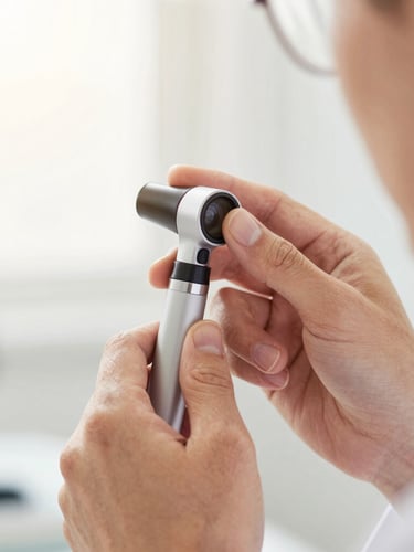 Close-up of a professional audiologist gently examining a patient's ear with a modern otoscope, warm natural lighting, shallow depth of field