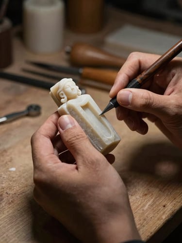 Hands of an artisan carving a wax model for a jewelry piece, workshop background with tools, warm moody lighting, dramatic shadows