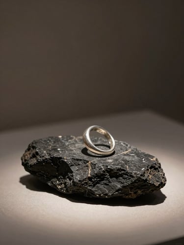 A single sculptural silver ring resting on a dark raw basalt stone, dramatic side lighting, deep shadows, museum exhibition feel