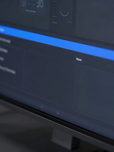 Sleek macro shot of a high-end digital interface on a monitor, cool-toned studio lighting, deep charcoal and electric blue accents, sharp focus, 35mm.