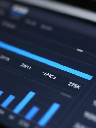Macro close-up of a sleek digital interface displaying analytics on a dark screen, cool-toned studio lighting, sharp electric blue accents, 35mm photography
