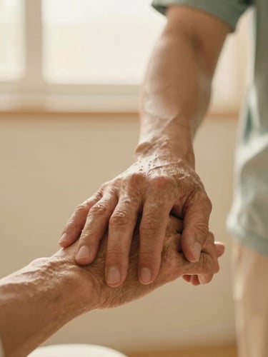 Close-up of a caregiver's hand gently resting on an older adult's hand, warm golden hour lighting, soft cream background, highly respectful and tender atmosphere