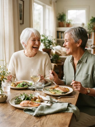 Warm editorial photography of two residents laughing over a beautifully plated lunch, soft natural window light, gentle cream and sage tones, shallow depth of field, 35mm.