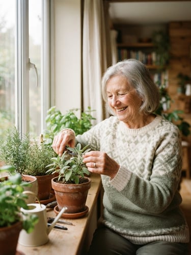 A resident smiling warmly while tending to a potted herb on a sunlit windowsill, soft natural window light, gentle cream and sage tones, shallow depth of field