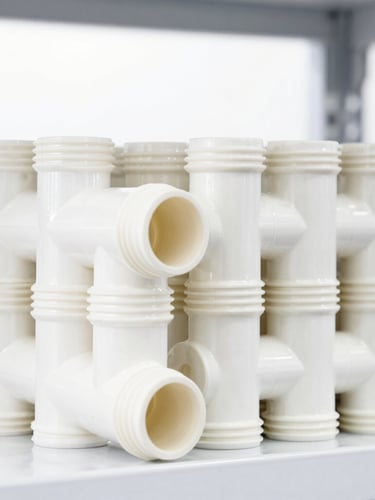 Bright high-key commercial photography of stacked heavy-duty PVC pipe connections and brass valves on a clean warehouse shelf, sharp focus, 50mm