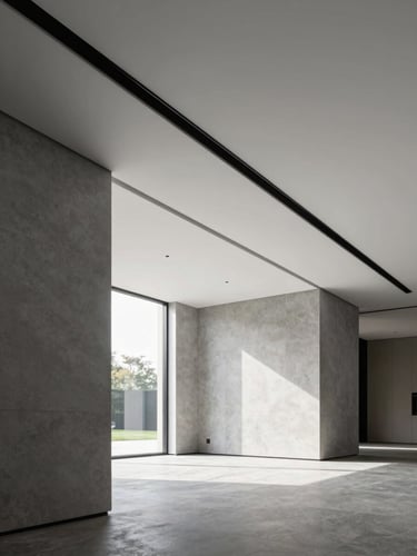 Clean minimalist high-end residential interior with integrated linear slot diffusers, bright natural daylight, cool slate gray tones, high-end architecture