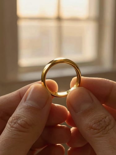 Macro photography of hands holding a heavy, raw gold ring, soft golden-hour window light casting warm reflections, shallow depth of field