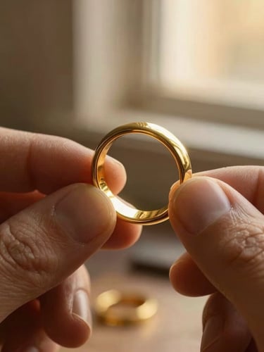 Macro shot of a goldsmith's hands holding a heavy solid gold ring, soft golden-hour window light illuminating the texture of the metal, warm editorial photography, shallow depth of field