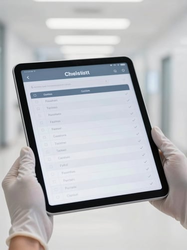 A close-up shot of a modern digital tablet screen displaying a clean checklist, held by clean gloved hands in a bright, pristine commercial hallway