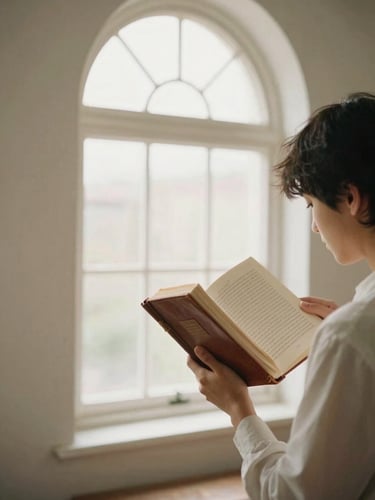 Candid medium shot of a student reading a leather-bound book near a large arched window, soft daylight, warm cream tones, 35mm film aesthetic.