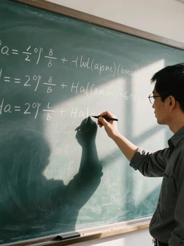 Candid medium shot of a professor writing a complex equation on a dark green chalkboard, soft natural window light casting deep shadows, warm scholarly atmosphere, 35mm film aesthetic