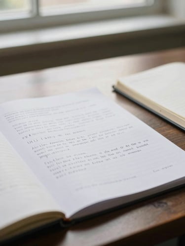 Close-up of a handwritten syllabus draft and open notebooks on a dark wooden seminar table, soft overhead window light, shallow depth of field.