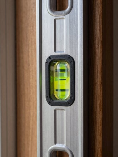 A crisp, straight-on close-up of a spirit level with the bubble perfectly centered on a newly installed walnut door frame, natural morning light.
