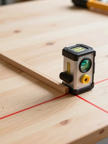 Straight-on shot of a clean, organized tool layout on a light wood workbench, with a laser level casting a crisp red line across a perfectly mitered joint, bright natural daylight.