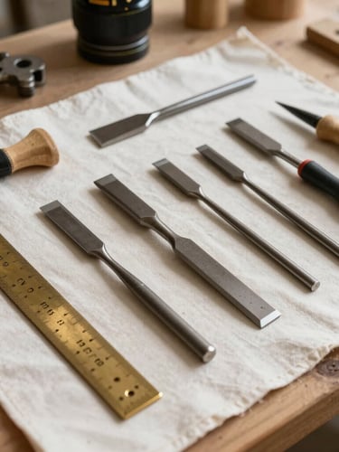 A neat knolling layout of professional carpentry tools, chisels, and a brass square on a clean canvas drop cloth, bright natural workshop light.