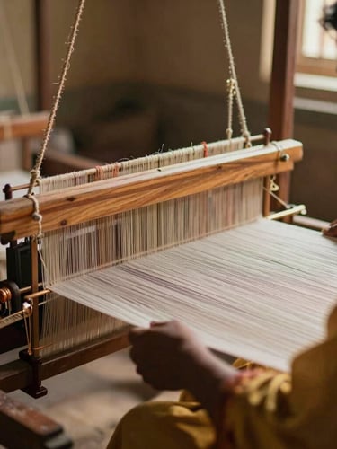 A master weaver at an ancestral wooden loom in rural India, soft natural side-light illuminating the intricate silk threads and rich textures, shallow depth of field, 35mm