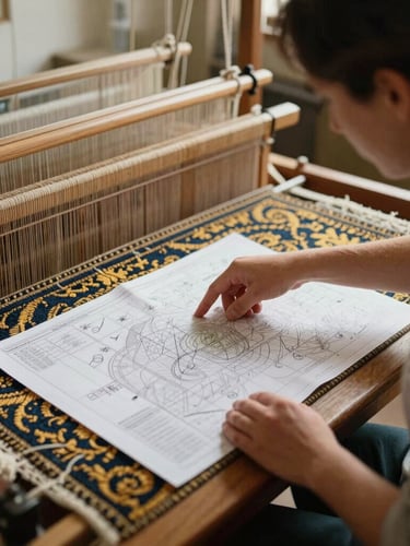 A master weaver pointing at a technical design grid map next to a half-finished hand-knotted carpet on a loom, warm studio light, 35mm