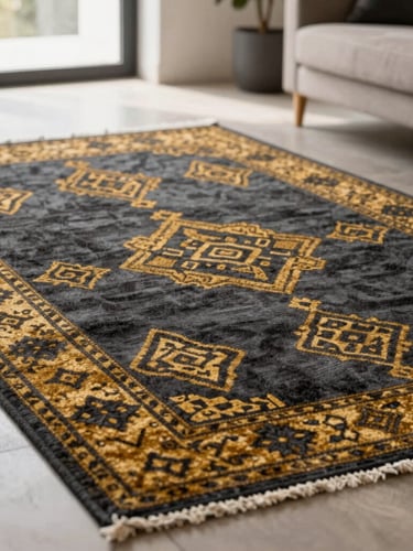 A striking hand-knotted wool rug with intricate geometric patterns in deep charcoal and antique gold, styled in a sunlit modern architectural living room, soft natural side-light, shallow depth of field, 35mm