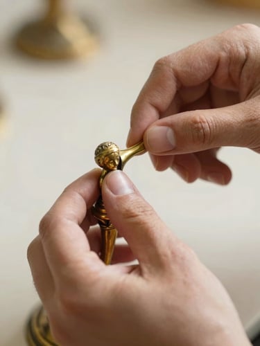 A close-up of hands detailing an antique gold metal sculpture, warm natural side-light, shallow depth of field, 35mm