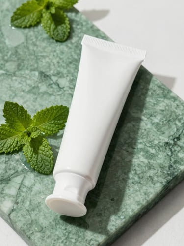 Sleek minimalist white toothpaste tube resting on a damp forest green marble slab, soft botanical mint leaves scattered beside it, bright natural daylight