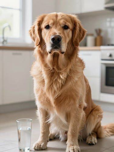 Portrait of a healthy golden retriever sitting next to a clean glass of water in a bright, sunlit kitchen, natural light, soft focus, editorial photography