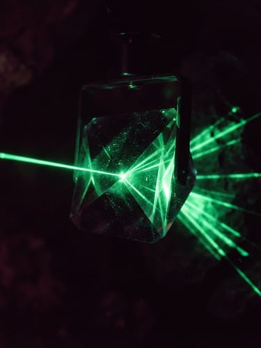 Cinematic close-up of a dark glass prism refracting a sharp emerald laser beam in a cavernous black space, deep burgundy ambient shadows, 35mm photography.