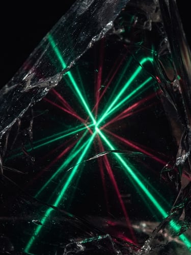 Extreme close-up of a dark glass prism refracting sharp emerald and deep burgundy light beams, cinematic dark-key photography, 35mm macro detail.