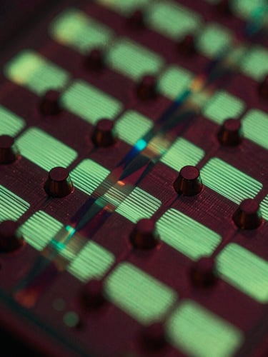 Macro close-up of a glowing silicon wafer with sharp neon-emerald traces and deep burgundy shadow accents, cinematic architectural lighting, 35mm.