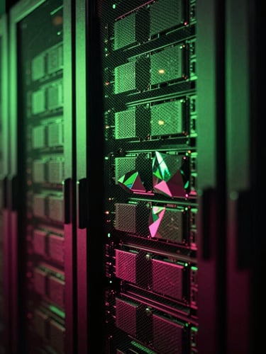Cinematic dark-key photography of high-density server racks in deep shadow, sharp neon-emerald and deep burgundy backlighting, abstract refracting prisms in foreground, macro detail, 35mm