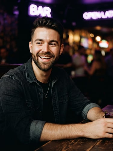 Candid portrait of a gay man smiling genuinely, warm low-key lighting with subtle neon violet accents in the background, rich saturated tones, 35mm film grain, natural depth of field.