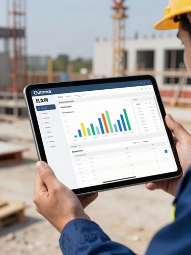 A close-up of a modern digital tablet displaying a clean software dashboard with charts and work orders, held by an engineer on a clean architectural site background.