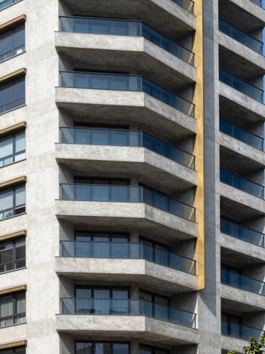 Architectural photograph of a modern residential building facade in Bogotá, sharp concrete lines, bright daylight, 35mm lens