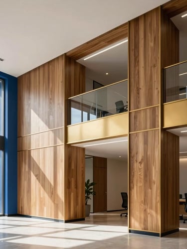 Architectural photography of a modern renovated office interior in Bogotá, clean geometric lines, warm wood and gold accents, natural daylight pouring in, professional 35mm focus.